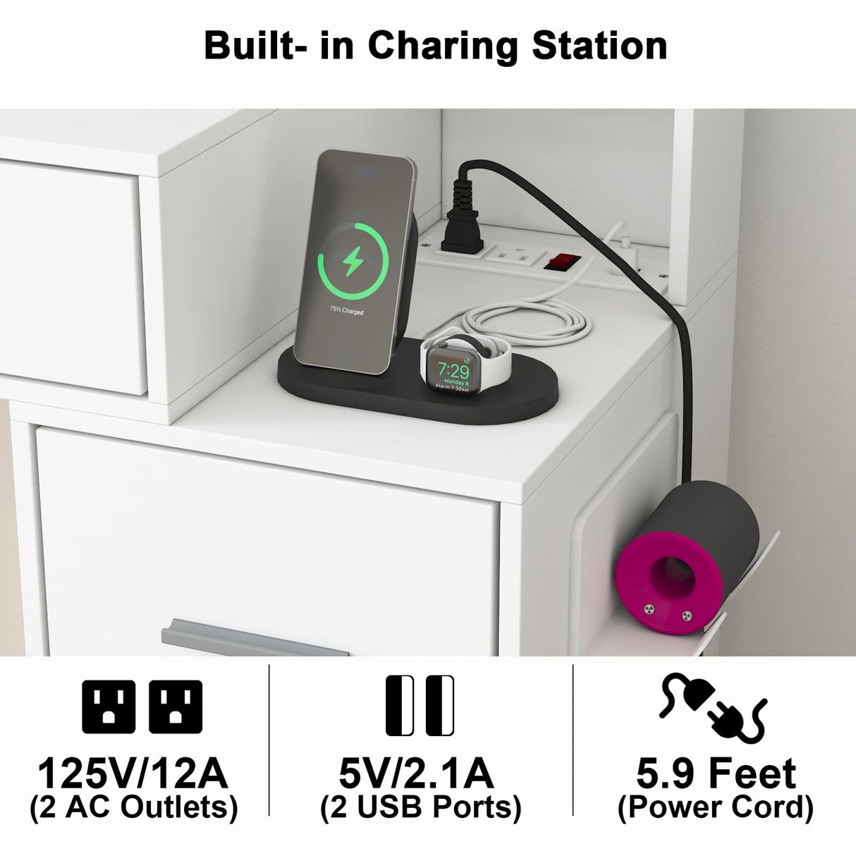 Vanity Desk with Lights and Power Strip, Makeup Vanity Table Lots Storage with 5 Drawers & 1 Cabinet, 3 Light Colors with Adjustable Brightness, Large Vanity 47.3'' (W) Anrigeail