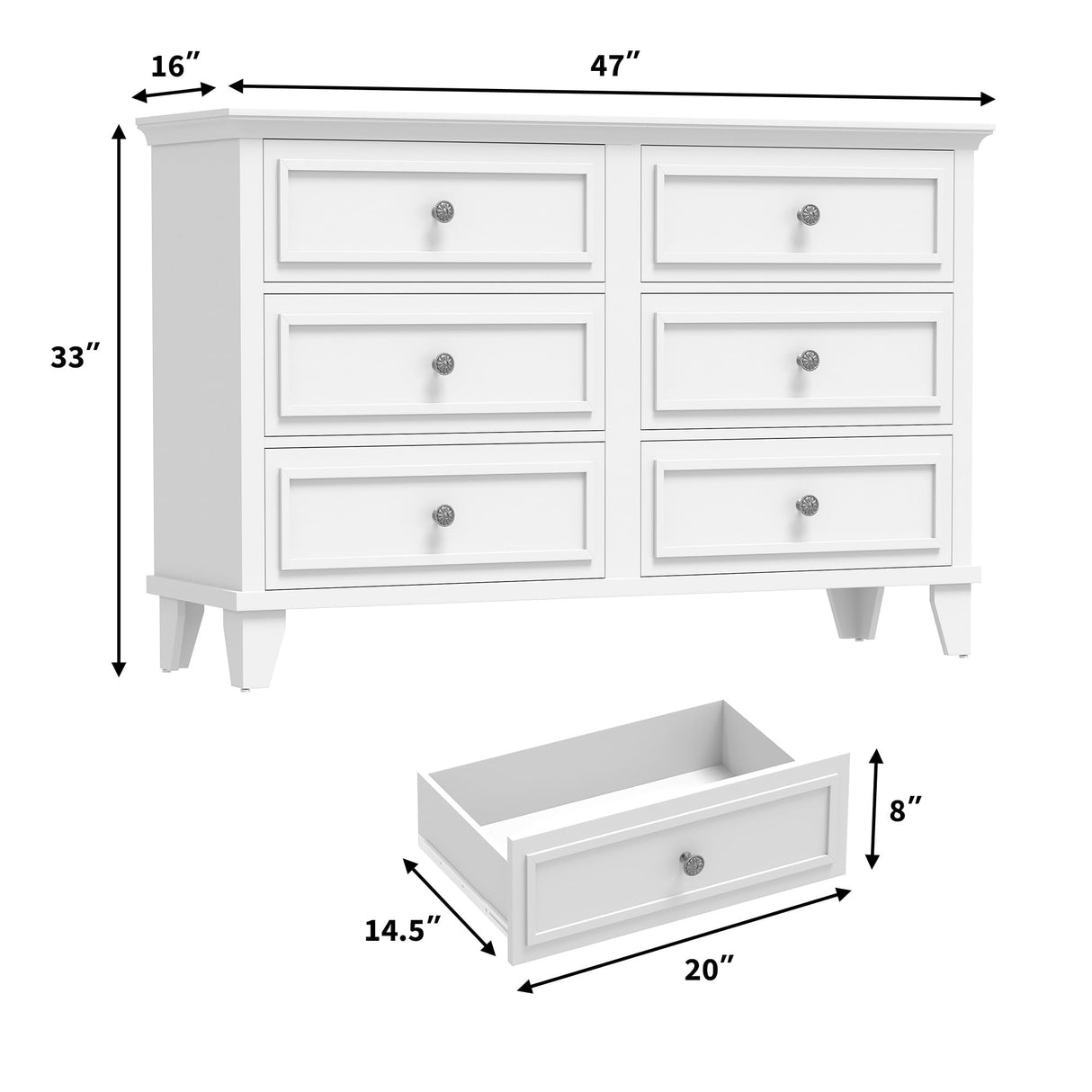 GarveeHome Farmhouse White Dresser for Bedroom with 6 Drawer, Double Dresser TV Stand with Vintage Handle, Wide Wood Dressers & Chests of Drawers, 6 Drawer Dressers for Bedroom, Living Room, Hallway GarveeHome