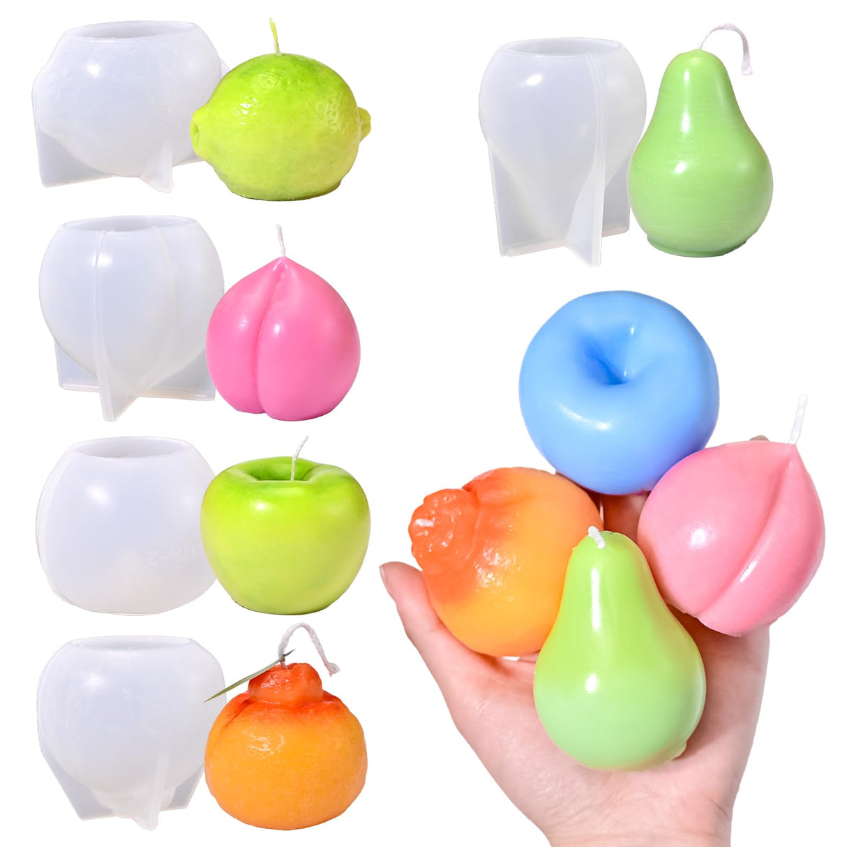 RESIN GO 5Pcs Fruit Candle Molds Set, 3D Apple, Pear, Orange, Lemon & Peach Silicone Molds for Candle Making, DIY Scented Wax Candle Soap Epoxy Resin Casting Polymer Clay Art Decor RESIN GO