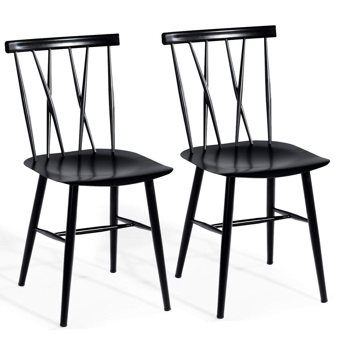 COSTWAY Dining Chair Set of 2, Farmhouse Windsor Chairs Dining Room Chairs with Spindle Back and Sturdy Metal Construction, Kitchen Side Chairs for Living Room Restaurant, Black (Height 17'') COSTWAY
