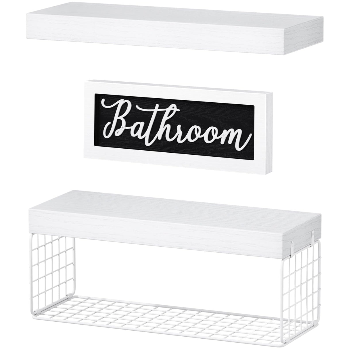 QEEIG Bathroom Shelves Over Toilet Paper Storage Wall Mounted Farmhouse Decor Decorations Aesthetic Décor Sign Small Floating Wall Shelf 2+1 Set 16 inch, White (020WW) QEEIG