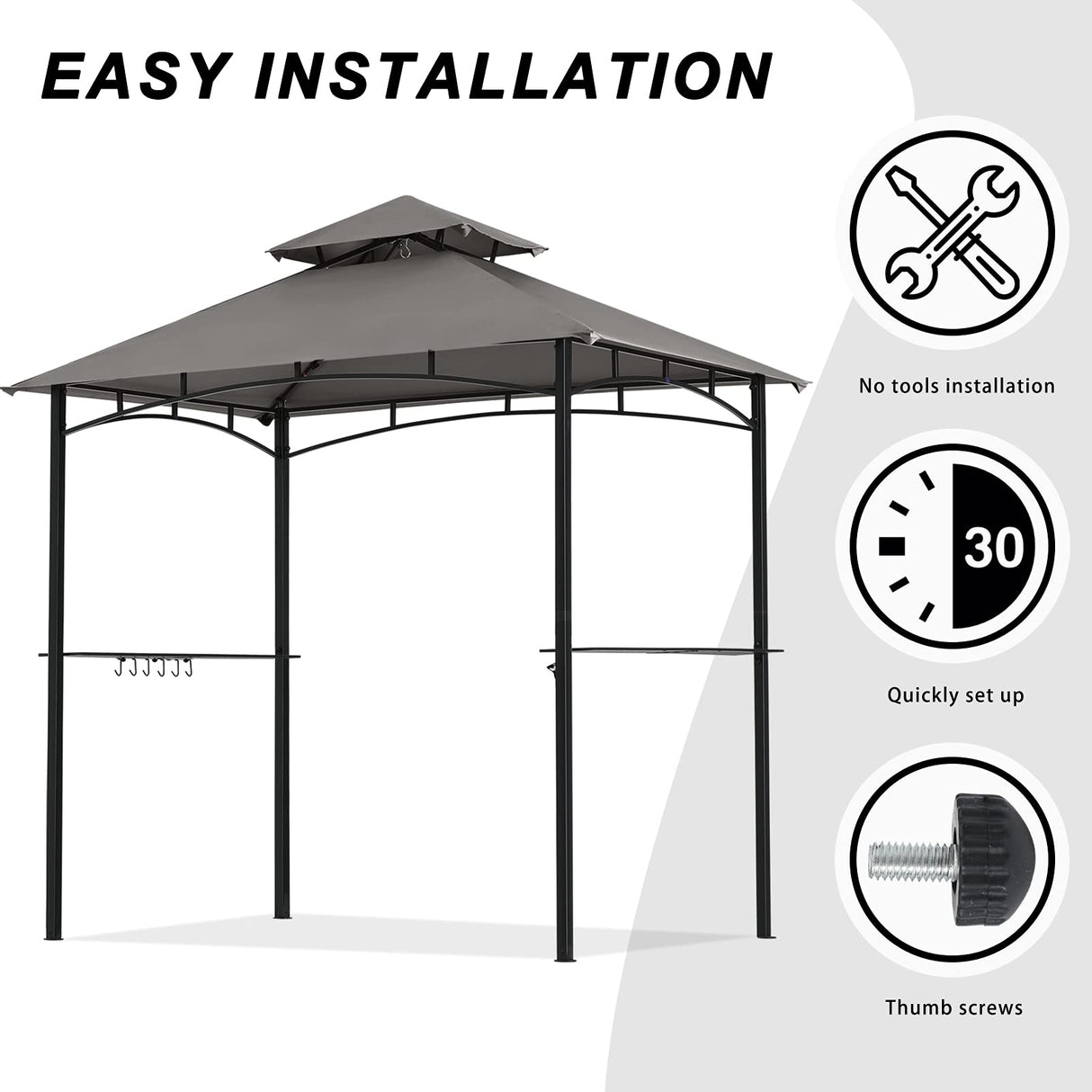 COOSHADE 8'x 5' Grill Gazebo Double Tiered Outdoor BBQ Gazebo Canopy with LED Light (Gray) COOSHADE