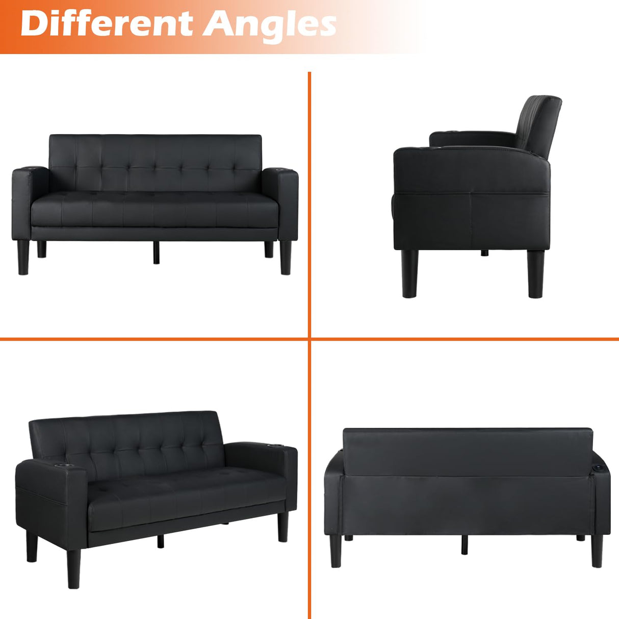 AILEEKISS 62" Loveseat Couches Upholstered Leather Love Seat Sofas Couch with 2 USB, Cup Holders, Side Pocket, Mid-Century Modern Tufted Sofa for Living Room,Office,Bedroom,Apartment (Black, 2-Seat) AILEEKISS