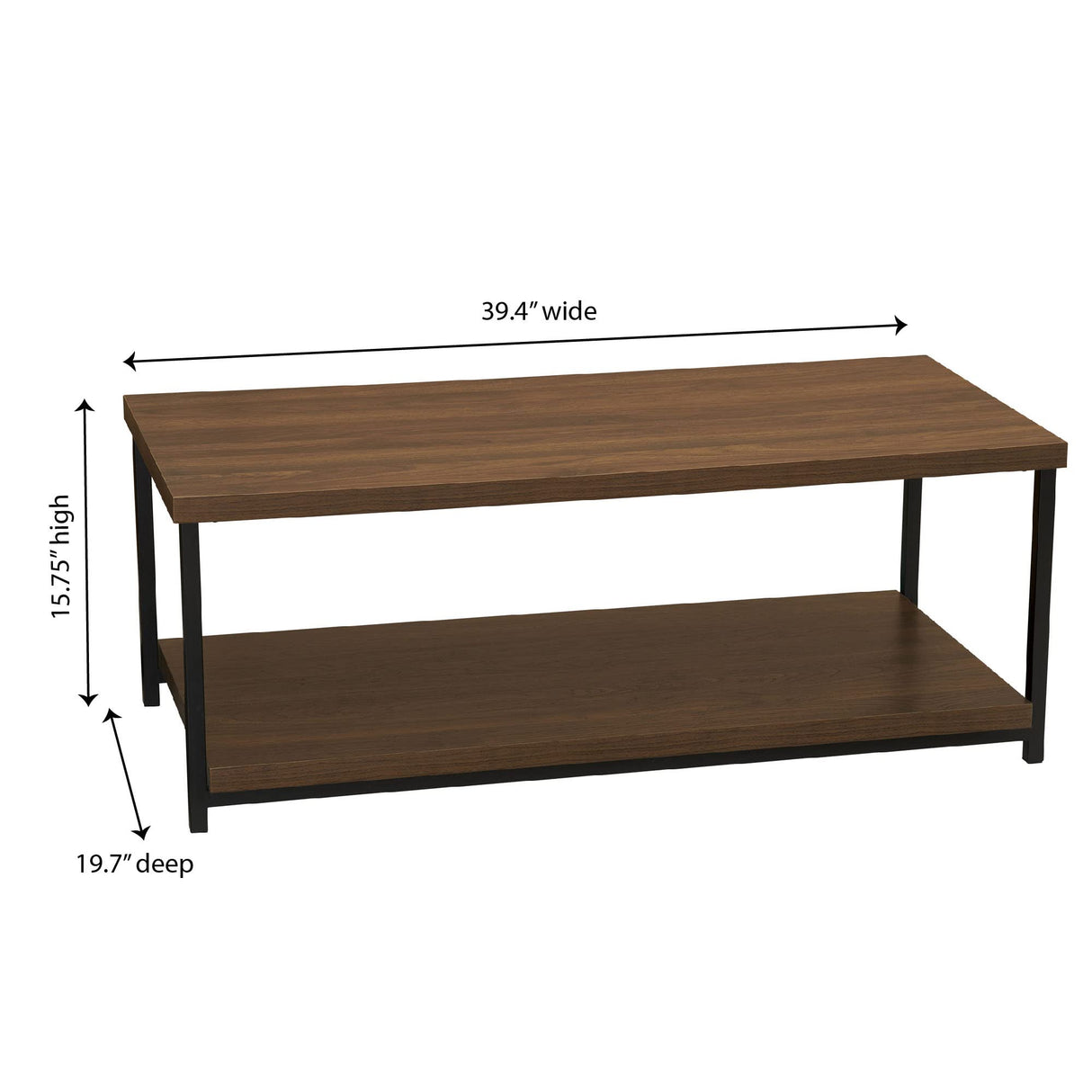 Household Essentials Jamestown Rectangular Coffee Table with Storage Shelf Mid Century Walnut Wood Grain and Black Metal Household Essentials