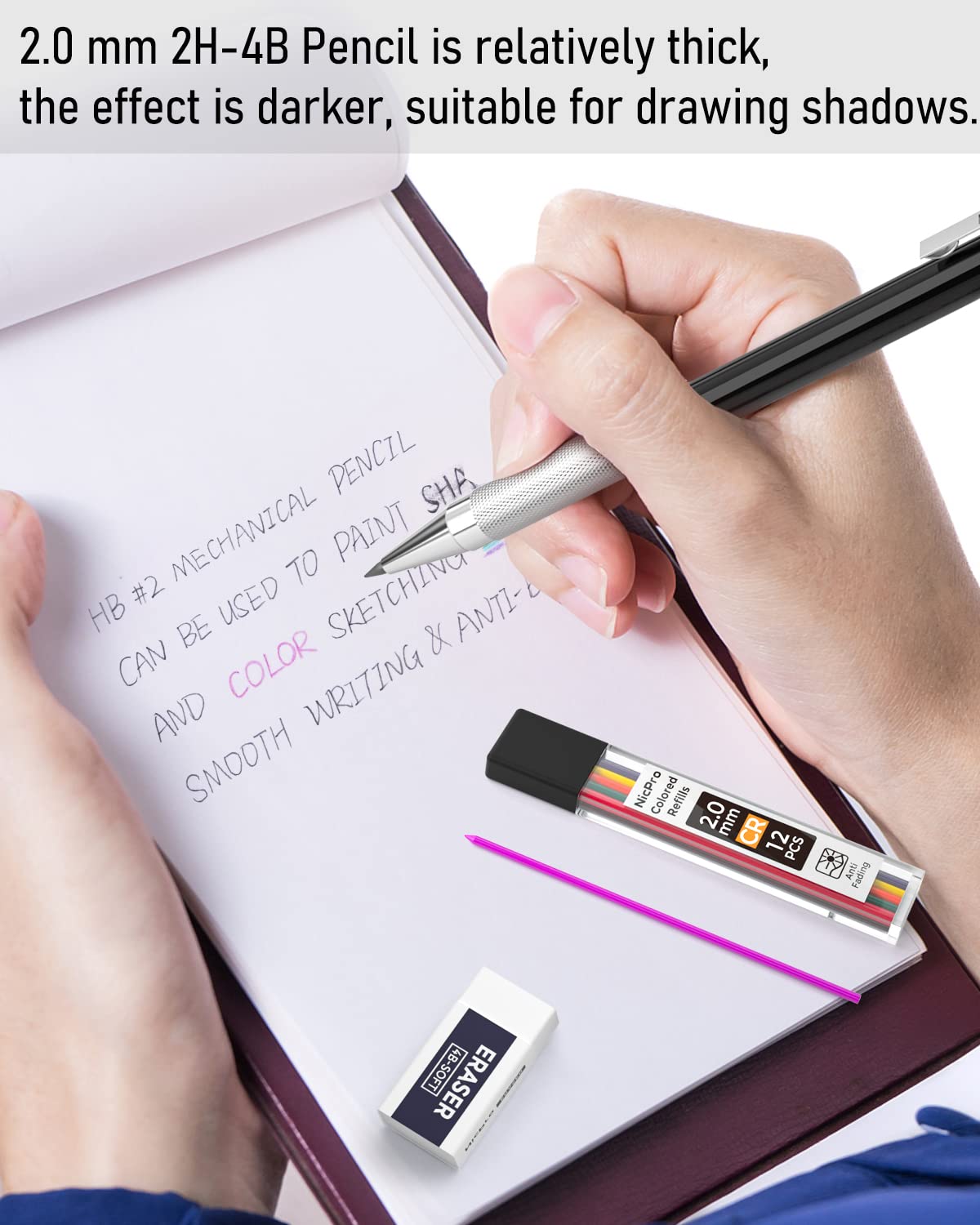 Nicpro Black Art Mechanical Pencil Set in Case, Metal Drafting Pencils 0.3, 0.5, 0.7, 0.9 & 2mm Graphite Holders (2H HB 2B 4B Colored Lead) for Sketching Drawing with 9 Lead Refills, 2 Erasers Nicpro