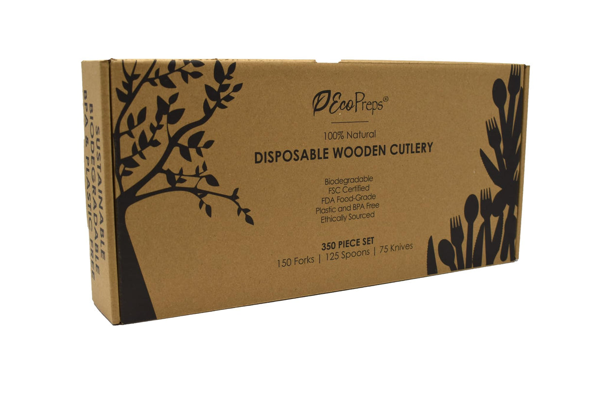 EcoPreps 100% Compostable Wooden Cutlery Set (360 PCS - 150 Forks, 125 Spoons, 85 Knives) Eco-Friendly, Natural, Biodegradable Disposable Utensils Set | Birch Wood Disposable Forks, Knives, and Spoons EcoPreps