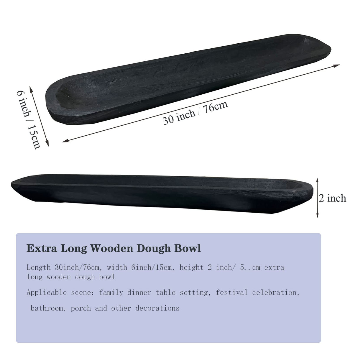 Wooden Dough Bowls Decorative,Rustic Bread Long Bowls Decor Wood Tray, Hand Carved for Table Centerpiece Decor, Home Decor (30 * 6 * 2 inch Black) BEDAZE