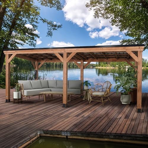 Backyard Discovery Arcadia 20 ft. x 9.5 ft. All Cedar Wooden Gazebo Pavilion with Hard Top Steel Slant Roof Backyard Discovery