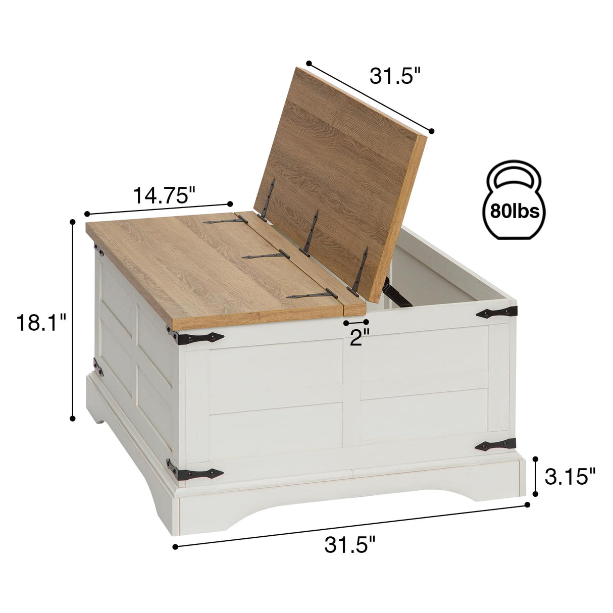 Wnutrees Farmhouse Coffee Table with Hinged Lift Top and Large Hidden Storage Compartment, Rustic Square Wood Central Table for Living Room, Bedroom, Home Office, Antique White Wnutrees