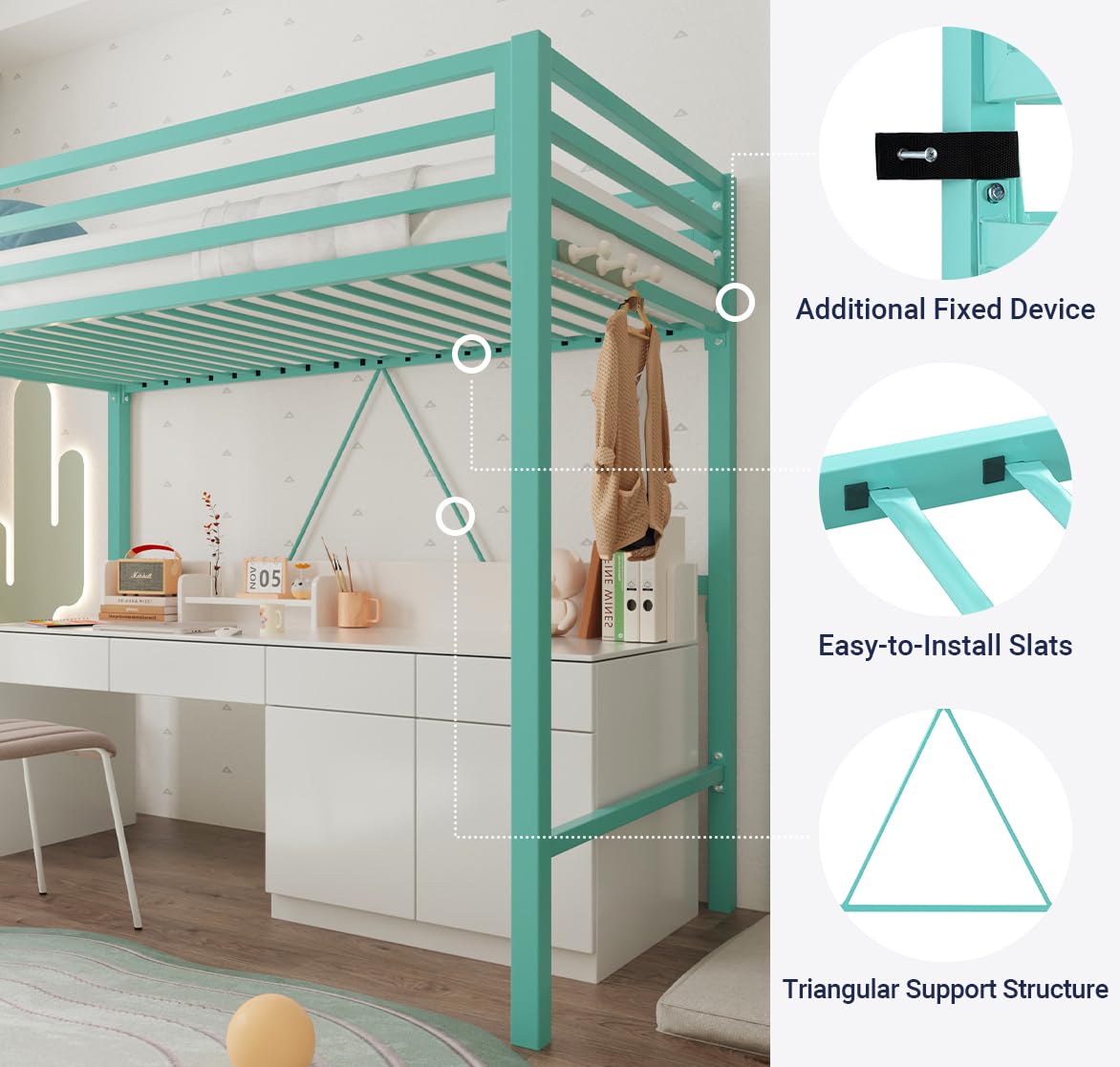 Allewie Metal Loft Bed Twin Size with Guardrail and Ladder, Small Space Saving Design for Bedroom Kid Room and Dorm, No Box Spring Needed, Green Allewie