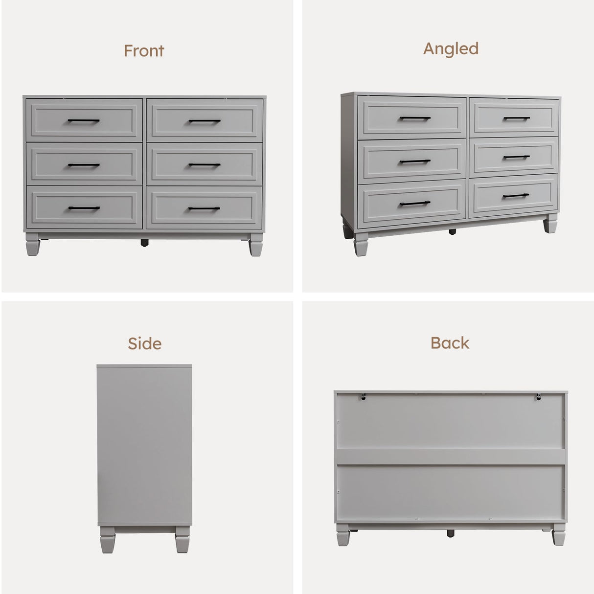 BERRY NEST Farmhouse Dresser for Bedroom, 6 Drawer Dresser with Unique Solid Wood Legs, Modern Wide Chest Dressers for Clothes, Closet, Living Room, Grey BERRY NEST