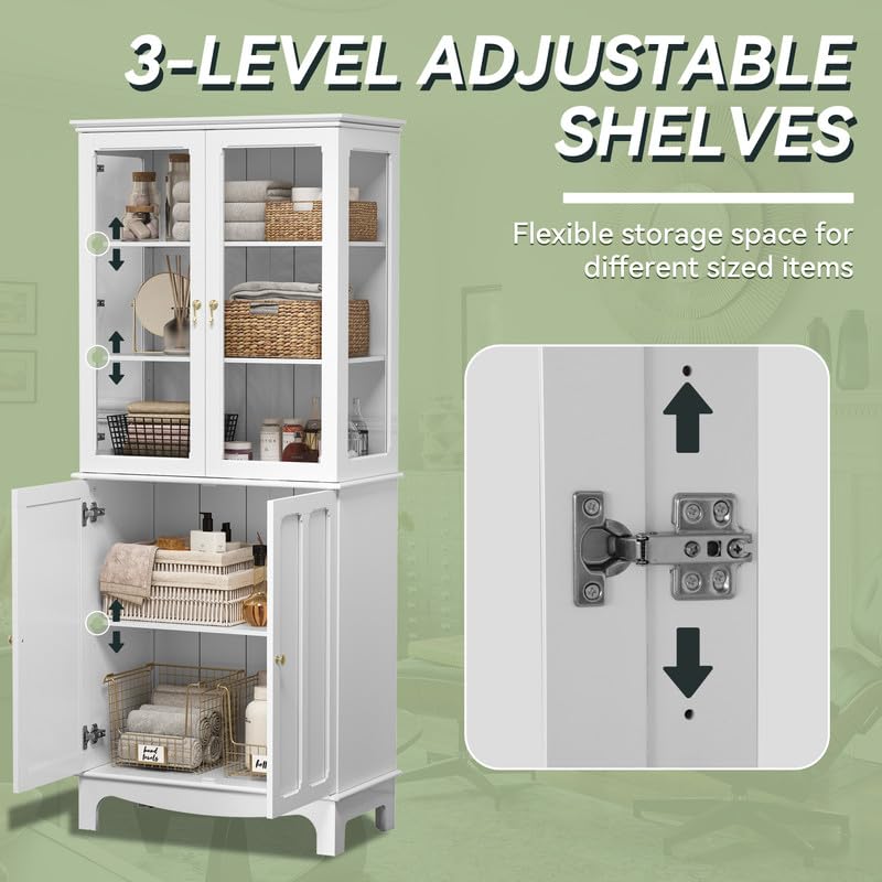 ARTPOWER 72 " Freestanding Kitchen Pantry Storage Sideboard, Classical Tall Cabinet with Glass Door and Adjustable Shelves for Kitchen, Livingroom ARTPOWER