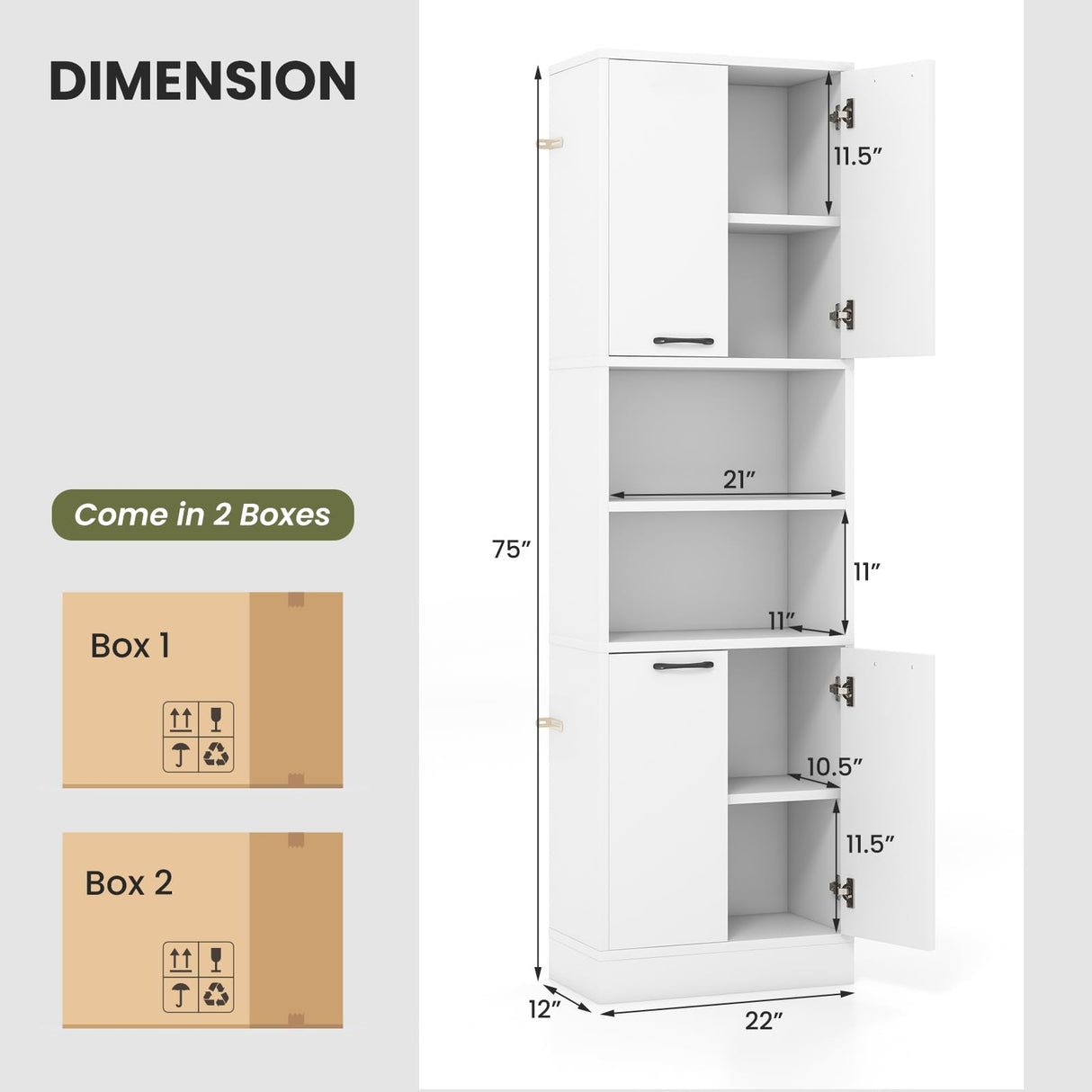 Tangkula 75" Tall White Bathroom Storage Cabinet with 4 Doors & 2 Open Shelves Tangkula
