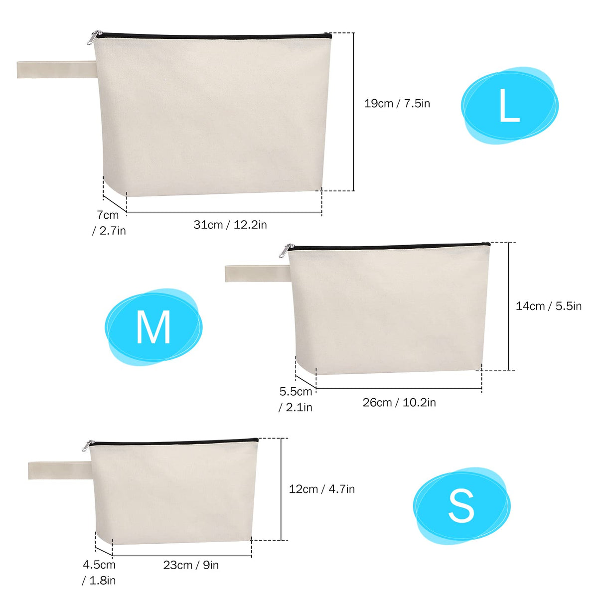 Sinzip 10 Pieces Cotton Canvas Makeup Bag with Bottom, Multi-Purpose Cosmetic Bag with Zipper Travel Toiletry Pouch, Blank DIY Craft Bag Pencil Bag (M, White), MN-WB07 Sinzip