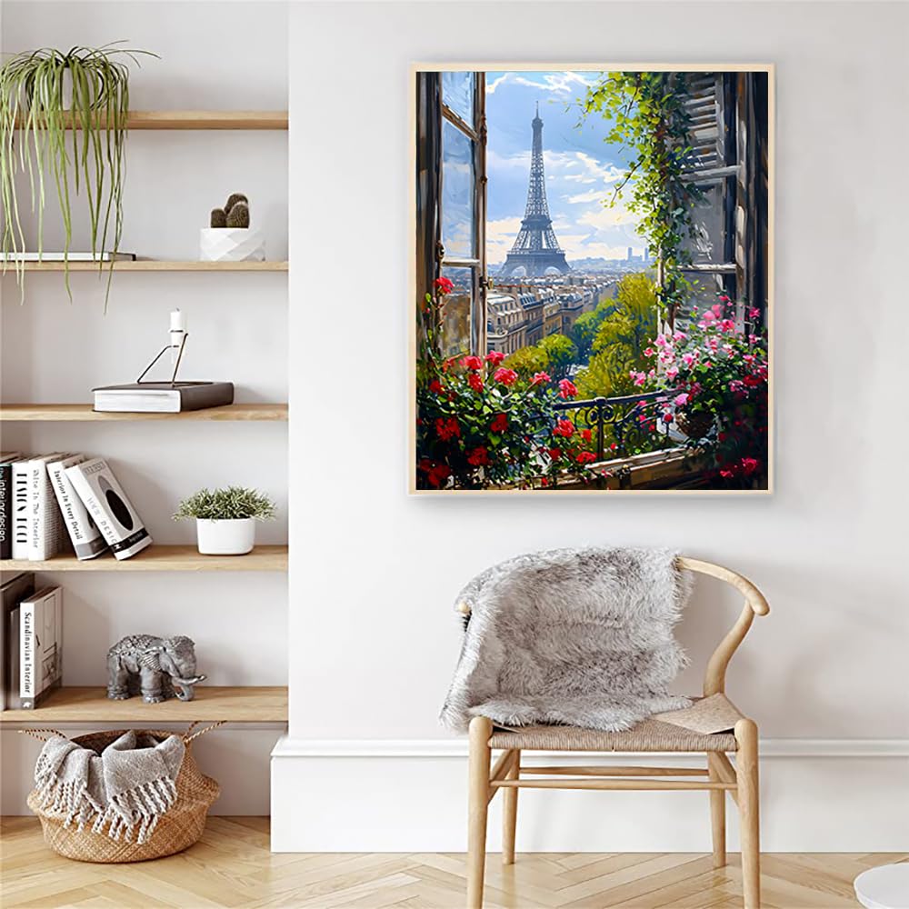 Artunion Paris Window View Paint by Numbers Kit for Adults, Eiffel Tower City Paint by Number Kits, DIY Acrylic Painting Paint by Number Kits on Canvas Arts Craft for Home Wall Decor 16x20 Inch Artunion