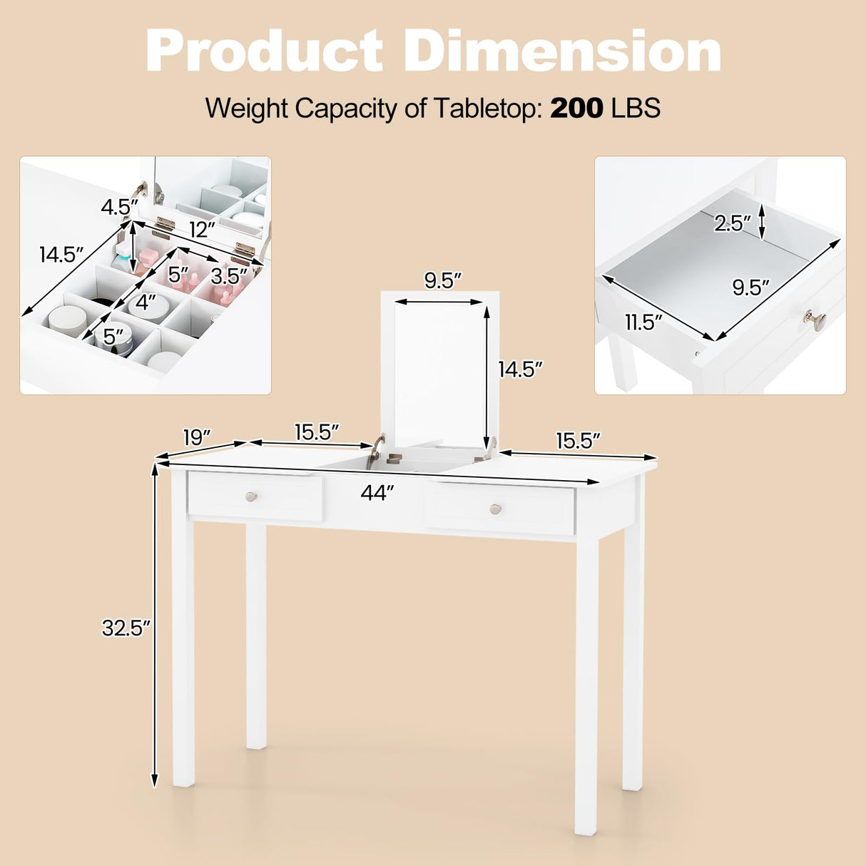 COSTWAY Vanity Desk with Flip Top Mirror, Dressing Table with 2 Drawers & 9 Storage Compartments, 44’’ Modern Makeup Desk for Girls Women Bedroom Dressing Room, White COSTWAY