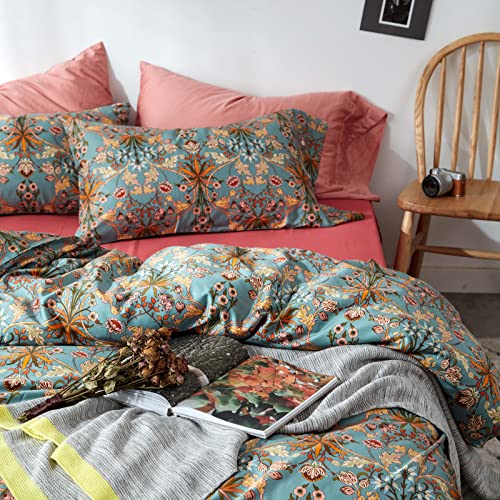 mixinni Vintage Style Garden Flower Queen Duvet Cover with Zipper Closure Soft Long Staple Percale Cotton Vibrant Pattern on Flower Bedding Quilt Cover Set(Queen, All Season) mixinni