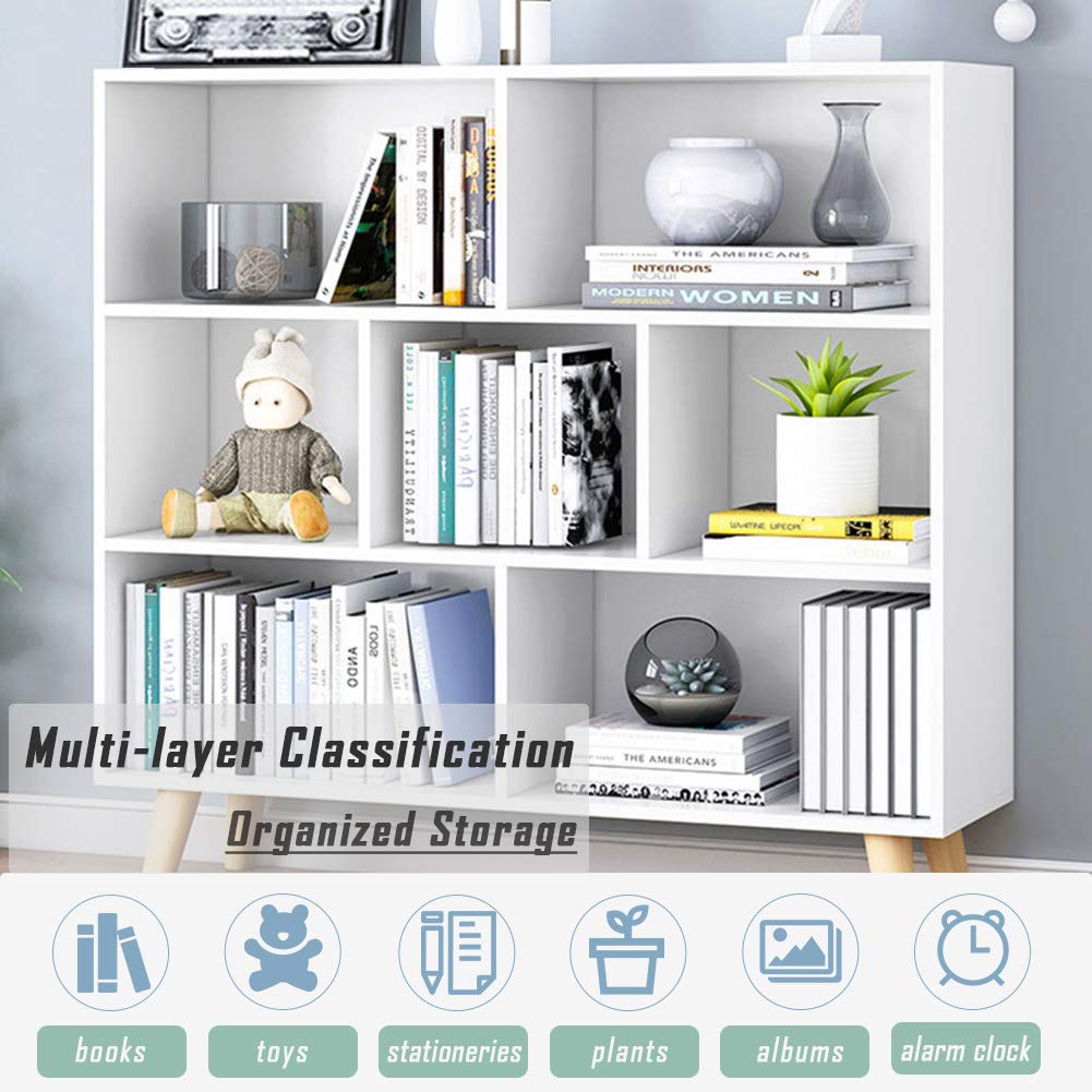 IOTXY Wooden Open Shelf Bookcase - 3-Tier Floorstanding Display Cabinet Rack with Legs, 7 Cubes Free Standing Bookshelf, Warm White IOTXY