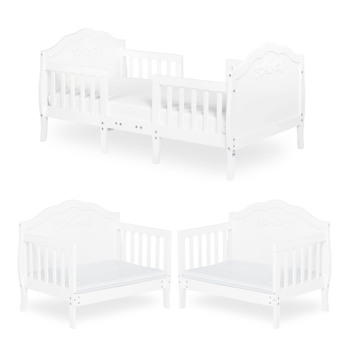 SweetPea Baby Rose 3-in-1 Convertible Toddler Bed in White, Greenguard Gold Certified, JPMA Certified, Safety Rails, Made of Sustainable New Zealand Pinewood Sweetpea Baby