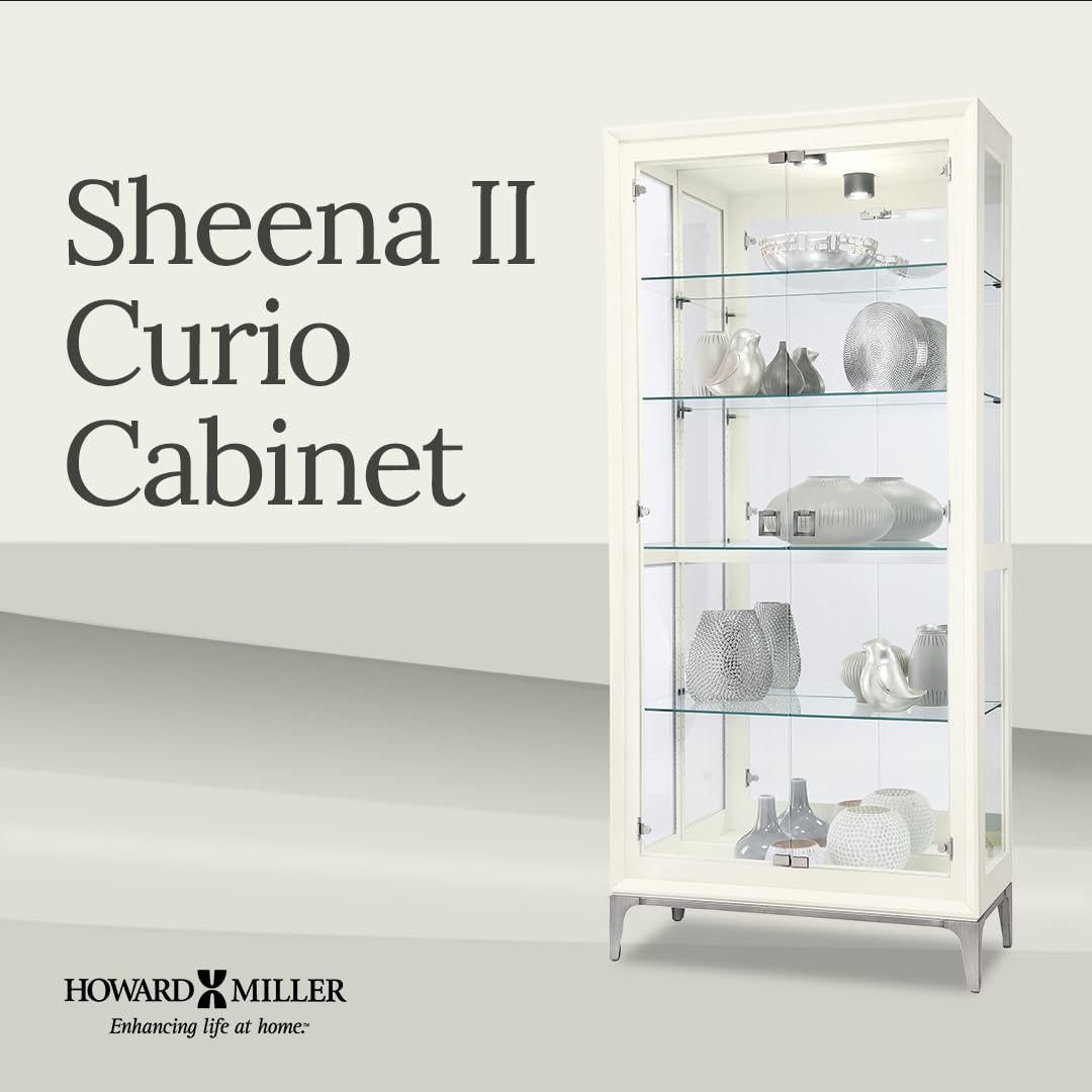 Howard Miller Sheena II Curio Cabinet – White Wire Brushed Display Cabinet Reclaimed Wood Look Aged Nickel Base & Square Pulls Hinged Glass Doors Adjustable Shelves & Mirrored Back for Home Decor Howard Miller