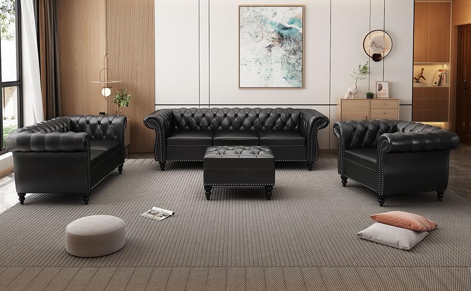 AVZEAR Chesterfield Leather Sofa 3 Seater Couch, Mid-Century Large Sofa Roll Arm Classic Tufted Settee Modern PU Sofa with Channel Tufted Seat Back for Living Room, Office, Apartment, PU Black AVZEAR