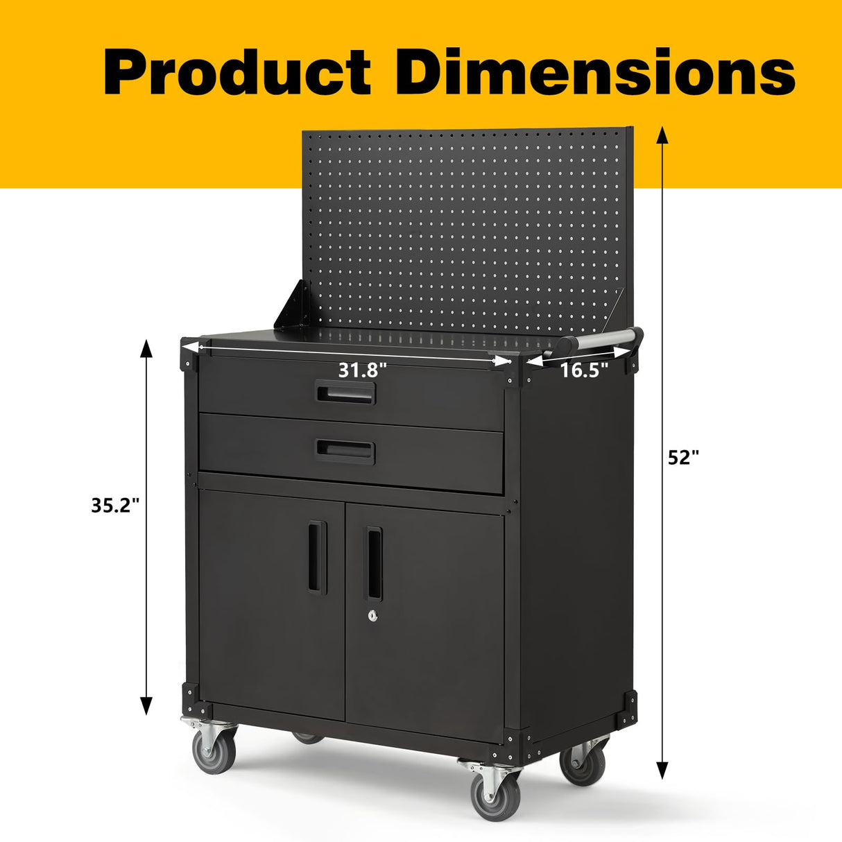 Danrelax 52" Mobile Workbench with Pegboard & Drawers - Heavy-Duty Garage Tool Bench with Lockable Storage, Cold-Rolled Steel, 4 Swivel Casters, Black Danrelax