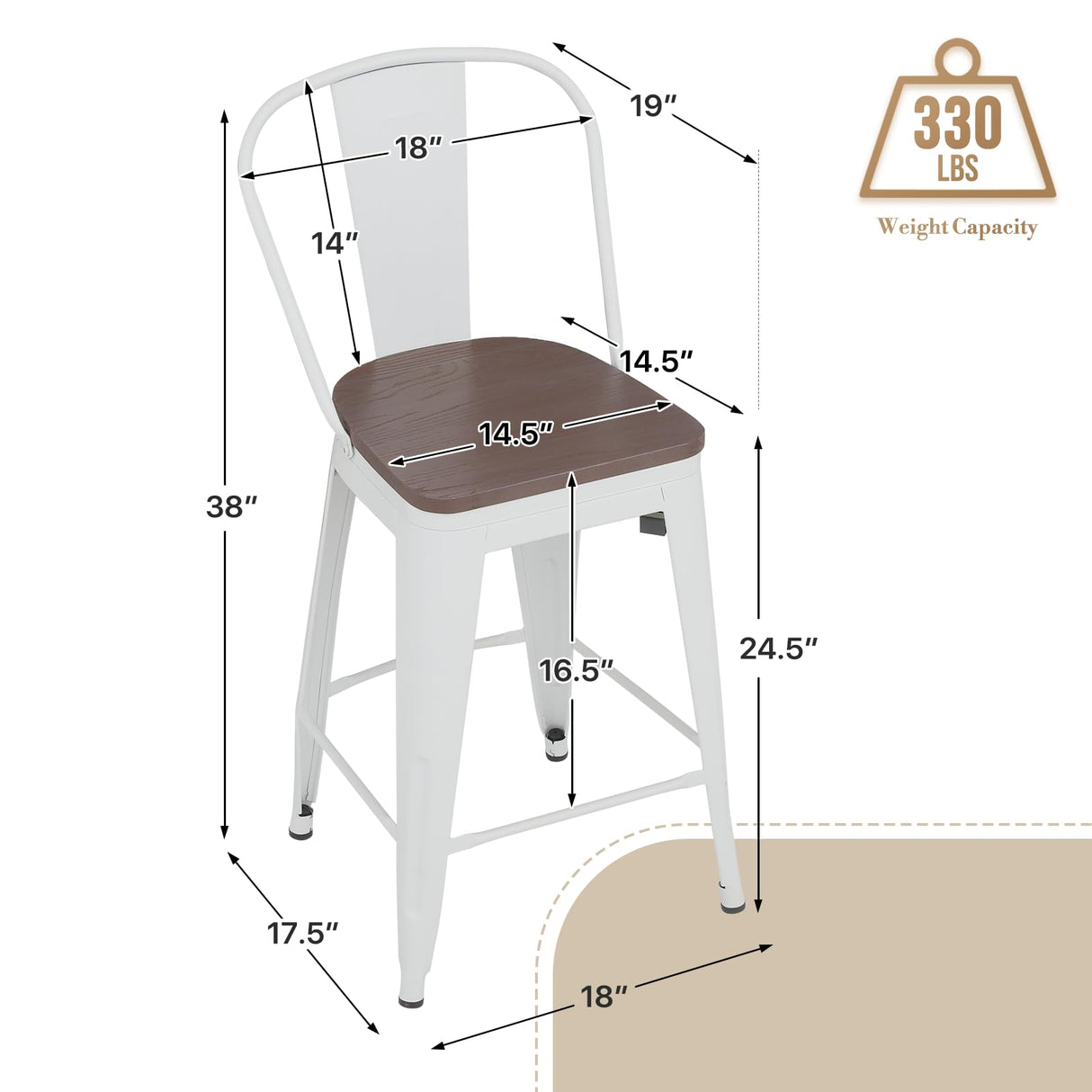 Athena Collection 24.5'' Counter Height Chairs High Back Bar Stools Set of 2, Farmhouse Wooden Seat Metal Frame Barstools Bar Dining Chairs with Footrest for Pub, Bistro, Kitchen, White Athena Collection