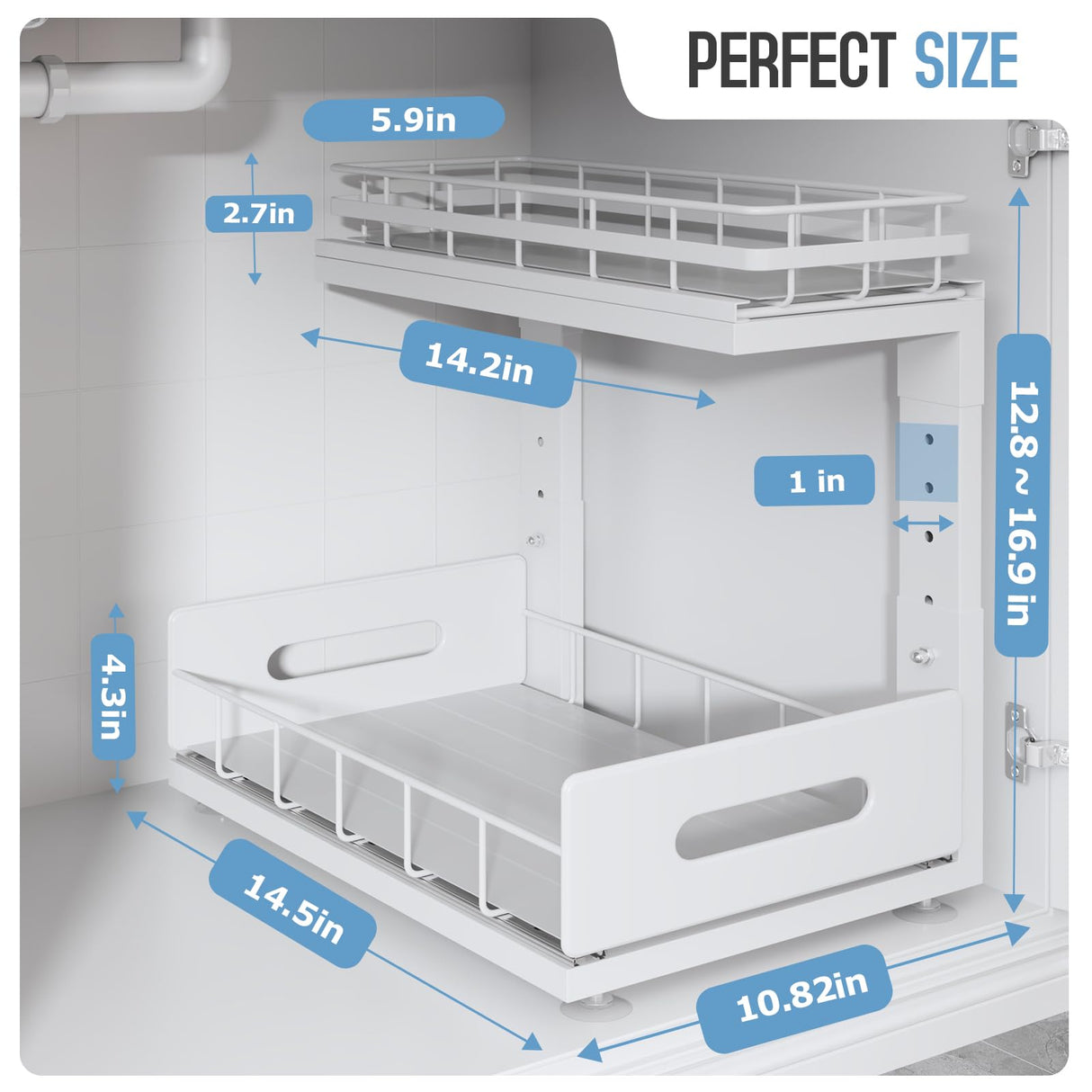 Biboraya 2 Pack Under Sink Organizer with Smooth Ball Bearing Slides,2-Tier Pull Out Cabinet Storage,Slide Out Drawers for Bathroom&Kitchen,Under Sink Shelf,Rust-resistant Coating,Height Adjustable Biboraya
