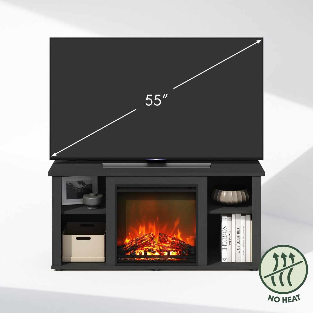 Furinno Jensen No Heat Decorative Electric Fireplace TV Stand, Entertainment Center for TV up to 55 Inch, Americano Furinno
