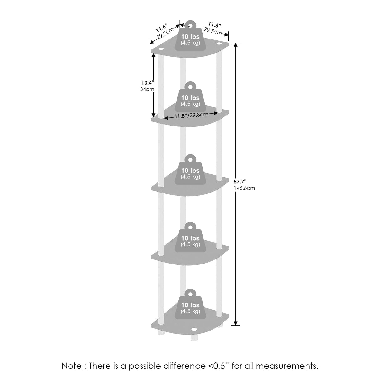 Furinno Turn-N-Tube Corner Shelf, 5-Tier Corner Display Rack, Shelving Unit, for Organization and Storage, Living Room, Home Office, Garage, Bedroom, Dark Brown Grain Furinno