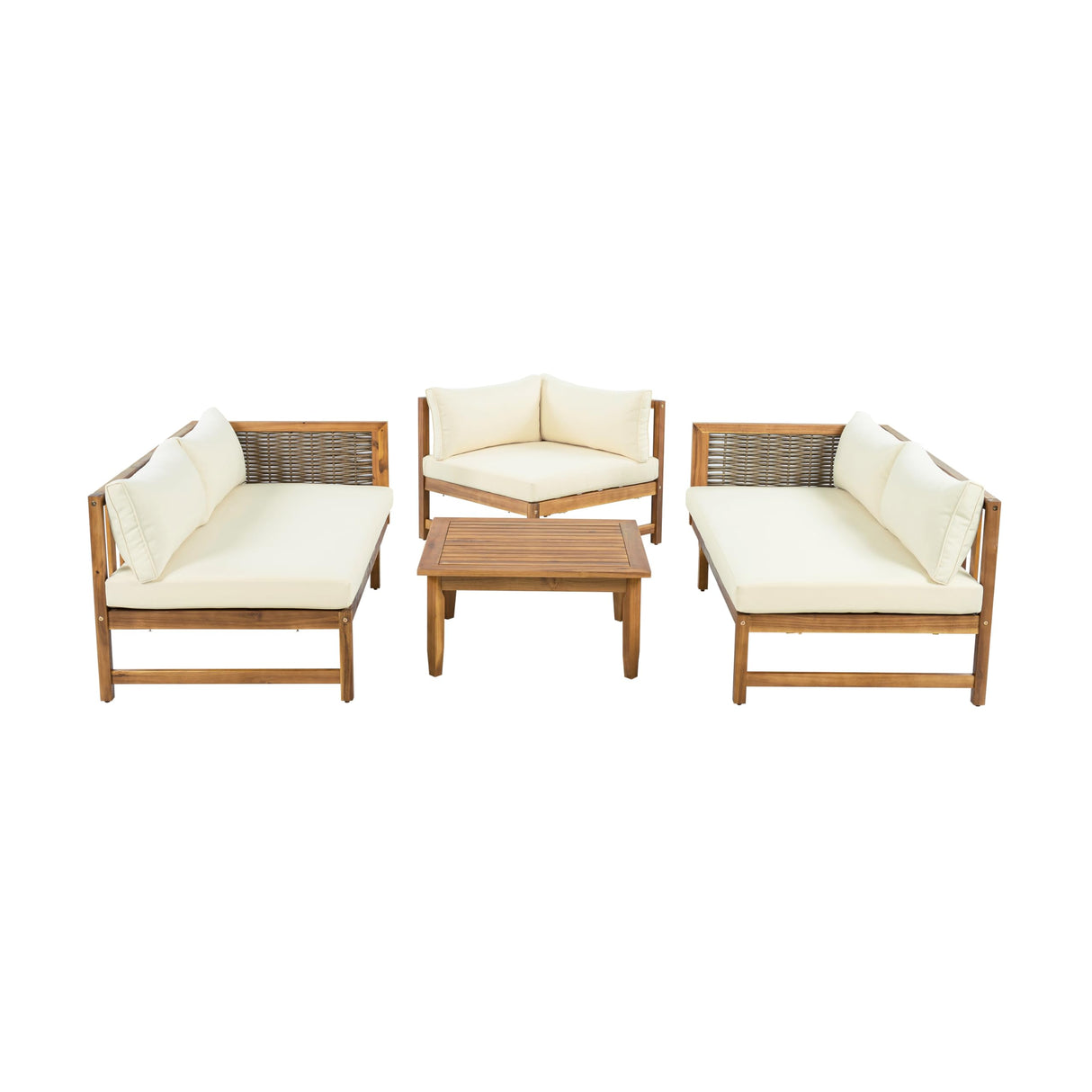 Christopher Knight Home Tenntt 5-Seater Acacia Wood Patio Furniture Set, Outdoor Conversation Sofa Chat Set with Coffee Table, Wicker Arm, Sectional Seating Group for Backyard Balcony, Teak+Beige Christopher Knight Home