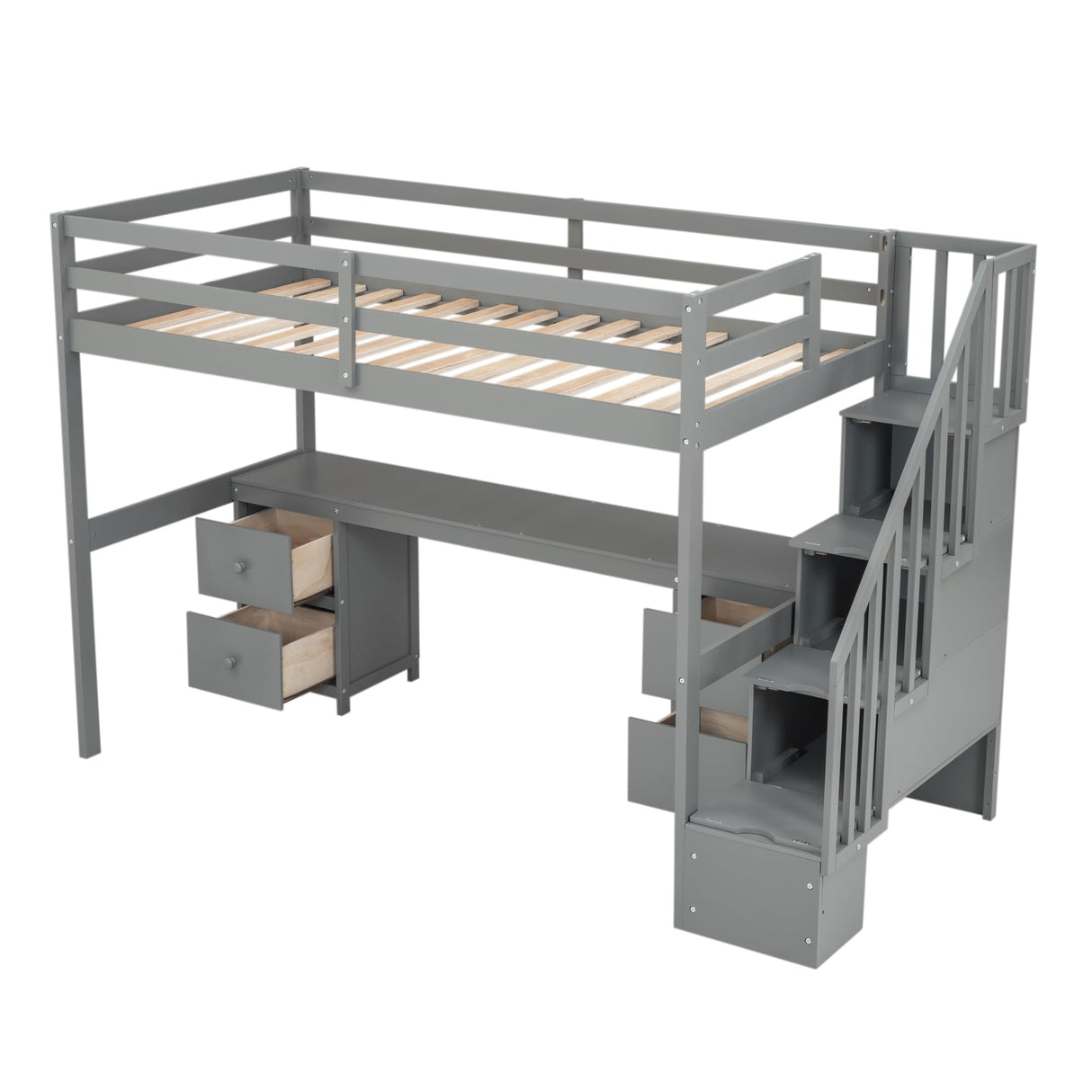 SOFTSEA Twin Loft Bed with Desk, Storage Stairs & Drawers in Grey SOFTSEA