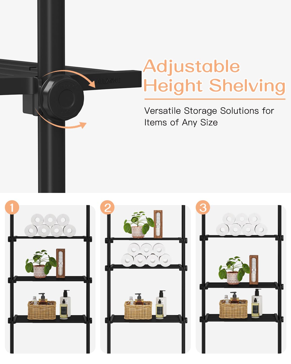 ALLZONE Adjustable Over The Toilet Storage Shelf, 4-Tier Ample Over Toilet Bathroom Organizer and Storage,Tension Mounted Above Toilet Storage Cabinet for Versatility, Fits 64-113 Inch Heights, Black ALLZONE