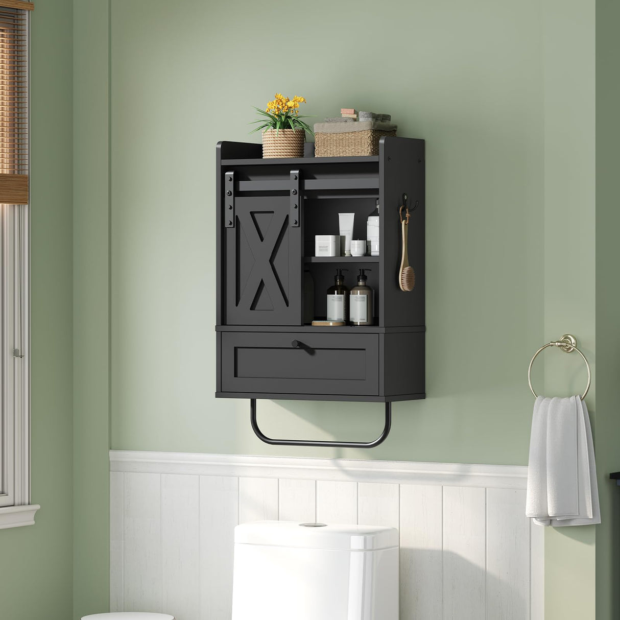 MAHANCRIS Bathroom Wall Cabinet, Farmhouse Medicine Cabinets with Sliding Door, Wall Mounted Storage Cabinet with Adjustable Shelf and Towel Bar, for Bathroom, Living Room, Kitchen, Black MAHANCRIS