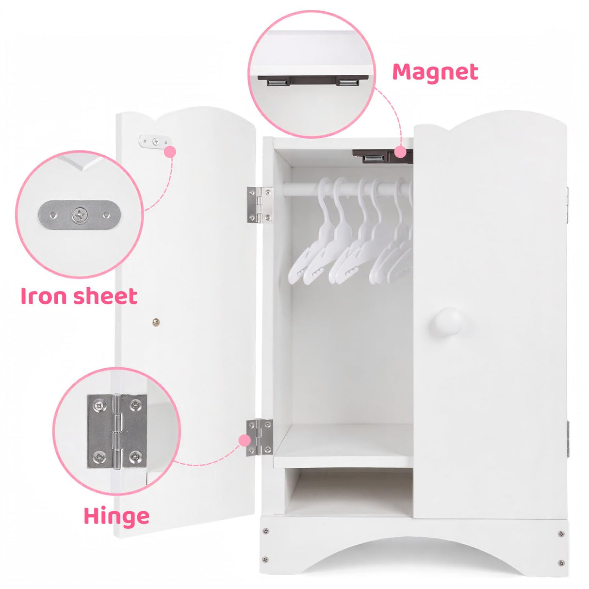 BABESIDE Wooden Baby Doll Closet, Wooden Furniture Armoire Dolls Wardrobe for Baby Doll Clothes Storage, Fit 12-16 Inch Doll Clothes, Includes 10 Clothes Hangers, Pretend Play for 3+ Girls Boys BABESIDE