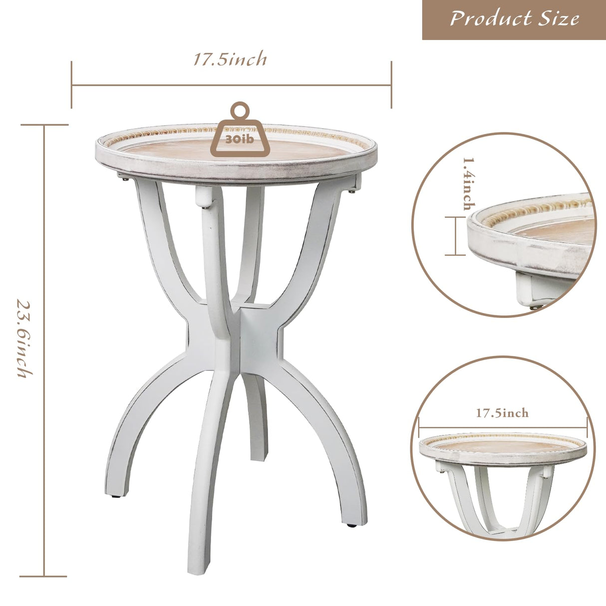 HCODCIBA Farmhouse End Table with Carved Tray Top,Small Round Side Table with Curved Legs,Retro Bedside Table Rustic Accent Table for Living Room,Bedroom HCODCIBA