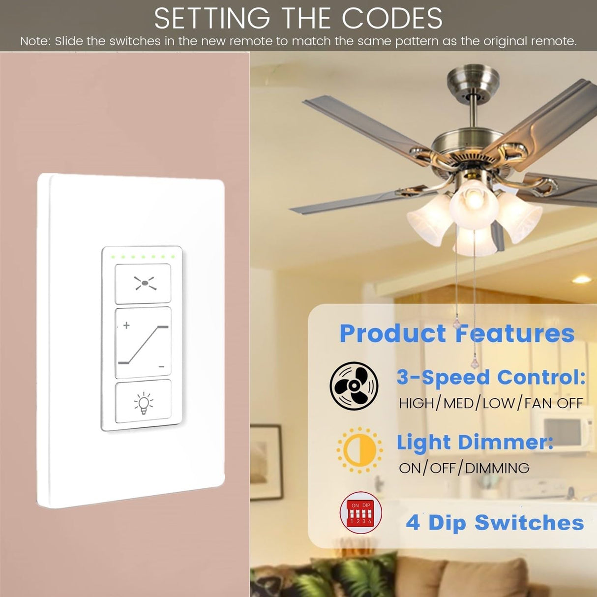 53T Universal Ceiling Fan and Light Wall Remote Control Kit, Small Size Receiver 3 Speed Light Dimmer 4-Dip Wall Switch Control Compatible with Hampton Bay Harbor Breeze Hunter 53T