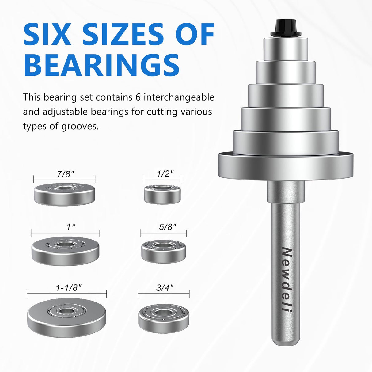 Newdeli Rabbet Router Bit Set 1/4 Inch Shank - 4Pcs Rabbeting Router Bits(1/8",1/4",3/8", 1/2" Height) with 6 Bearings Set (1/2", 5/8", 3/4", 7/8", 1", 1-1/8" Bearings) - Wood Biscuit Slot Cutters Newdeli