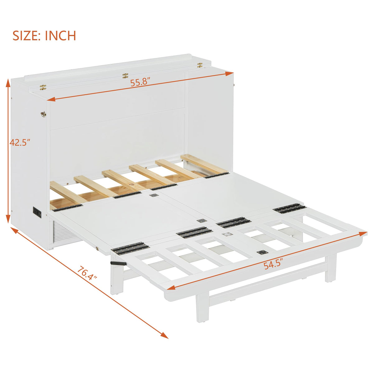 HABITRIO Full Size Murphy Bed, Wood Full Murphy Bed Frame with Large Drawer, USB Ports and Outlets, White HABITRIO