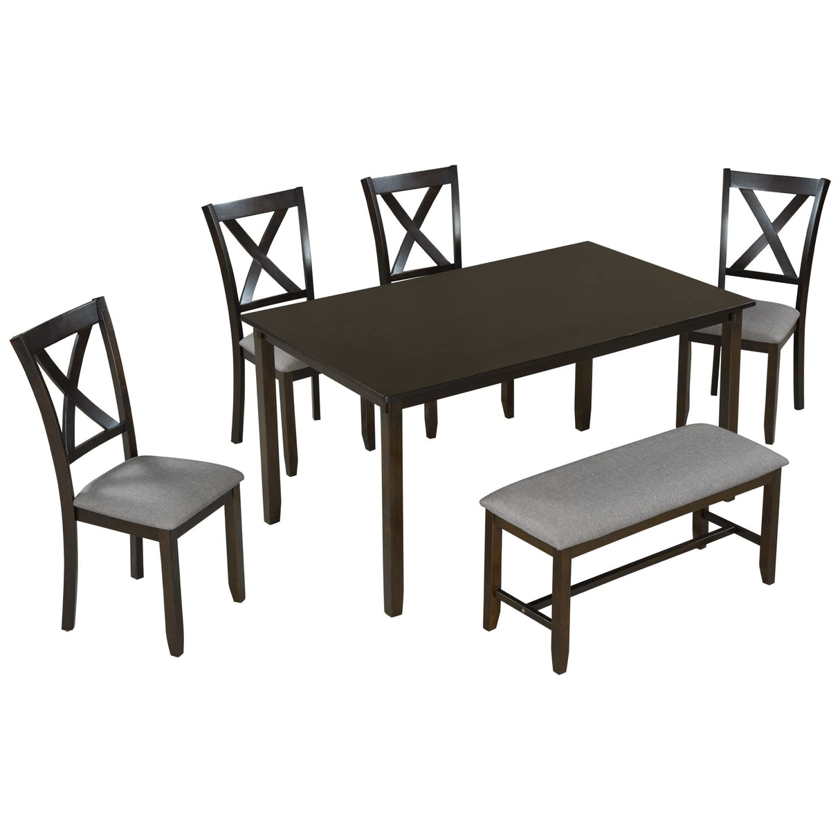 Merax 6 Piece Kitchen Dining Table Set, Wood Rectangular Table and 4 Dining Chairs with Cushions and 1 Bench with Cushion, Kitchen Dining Room Table Set for 6 (Espresso) Merax