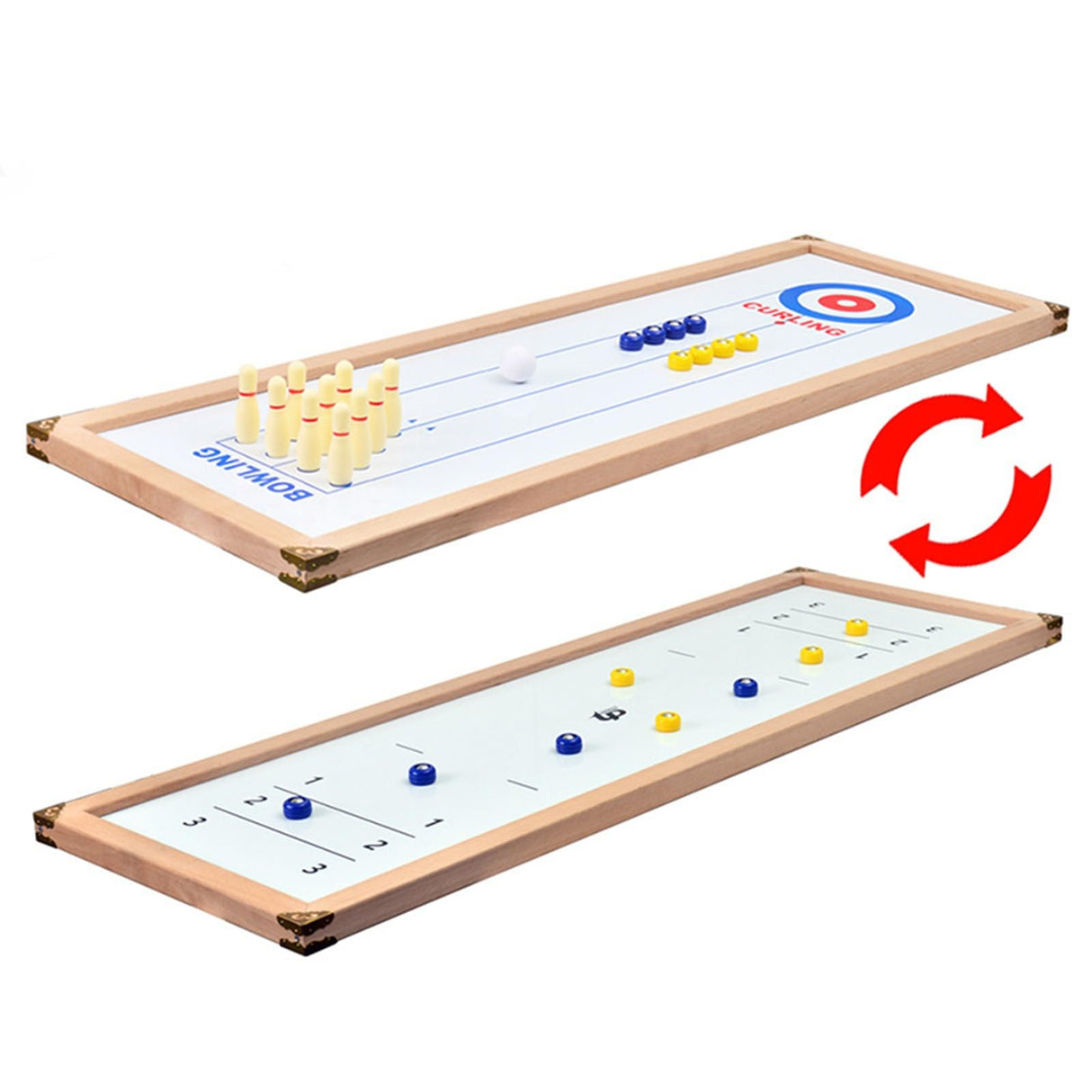 3-in-1 Wood Shuffleboard, Tabletop Curling Game Board Set with 8 Rollers, Portable Mini Tabletop Games for Kids and Adults QCHIAN
