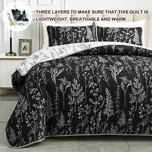 Joyreap 2 Pieces Quilt Set Twin, Black n White Rversible Botanical Design, Smooth Soft Microfiber Quilt, Bedspread Bed Cover for All Season, 1 Quilt and 1 Pillow Sham- 68x86 inches Joyreap