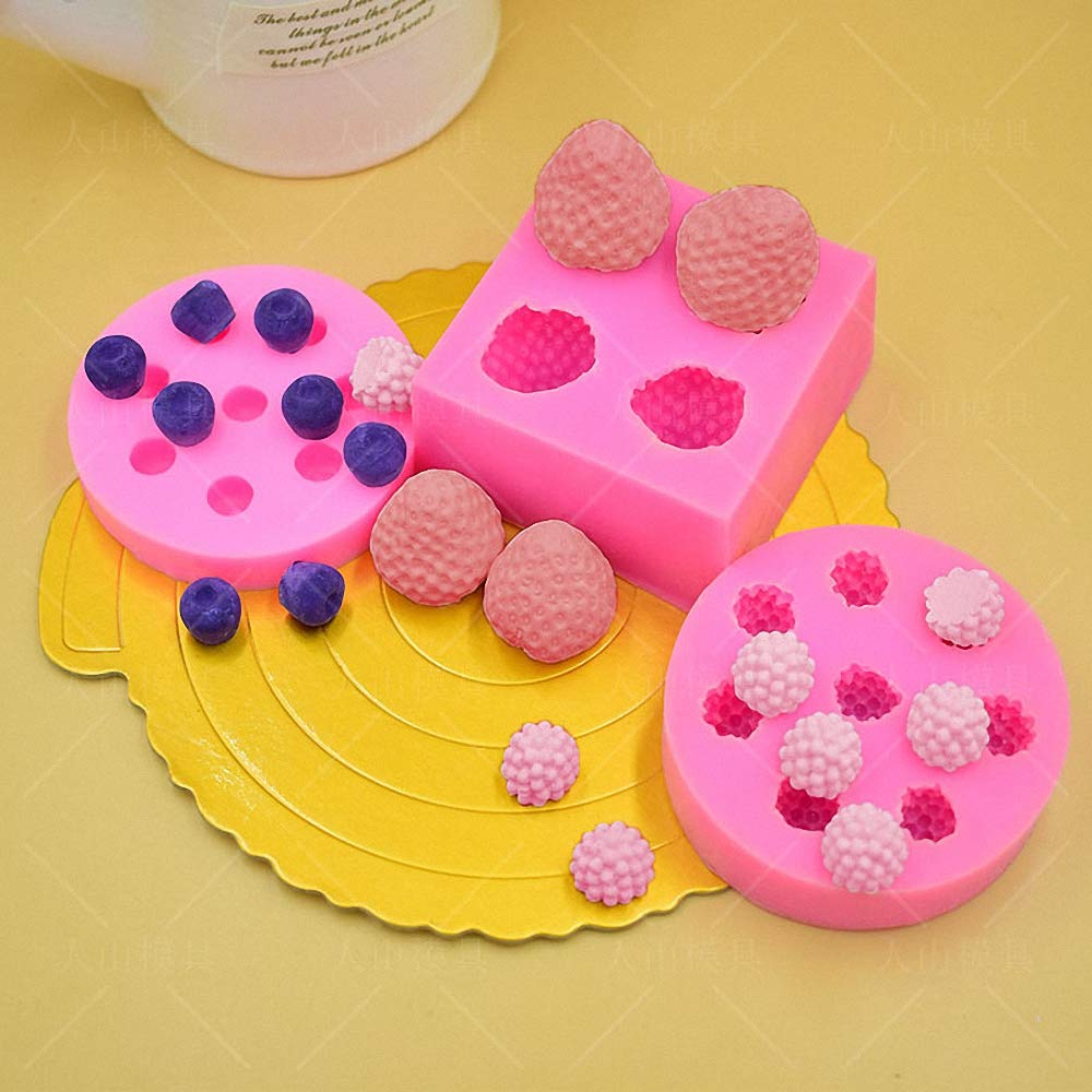 3Pcs/Set 3D Mini Strawberry, Raspberry & Blueberry Silicone Fondant Molds Soap Candle Mulberry Wax Melts Molds Berries Chocolate Candy Mold for Cake Cupcake Topper Decoration HiParty