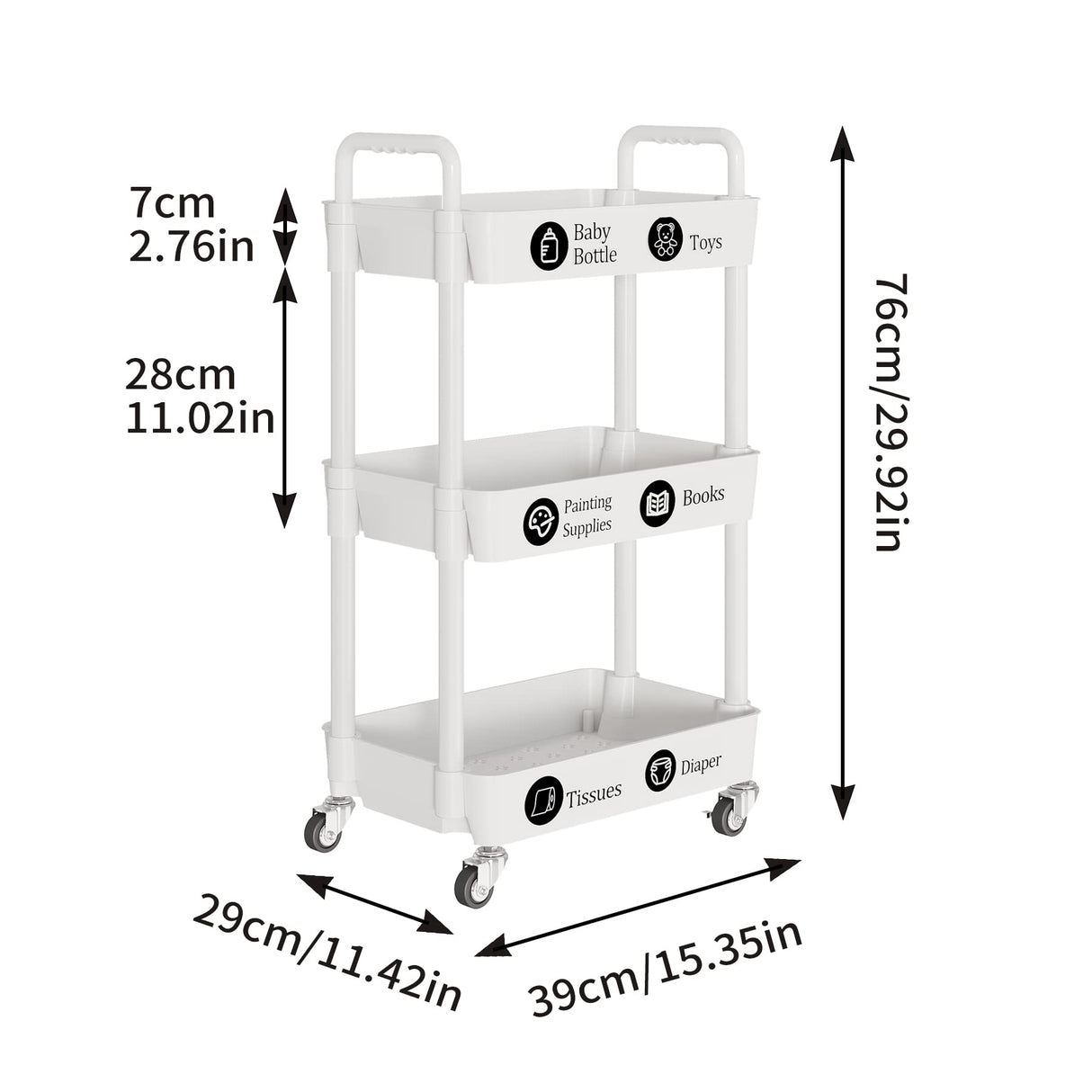 Laiensia 3-Tier Storage Cart,Multifunction Kitchen Storage Organizer,Mobile Shelving Unit Utility Rolling Cart with Lockable Wheels for Bathroom,Laundry,Living Room,With Classified Stickers,White Laiensia