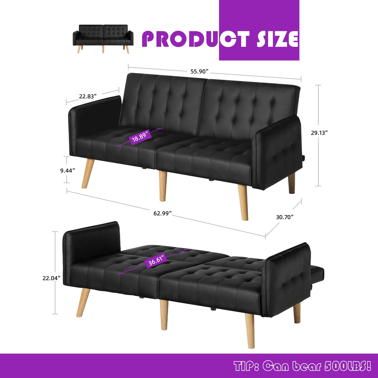 TYBOATLE Faux Leather Convertible 65'' Folding Futon Sofa Bed w/ 2 USB, Loveseat for Small Space, Apartment, Dorm, Living Room, Office, Black TYBOATLE