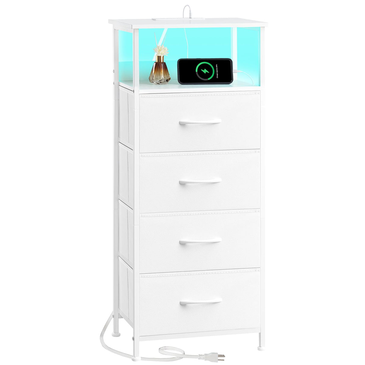 Somdot White Nightstand with Charging Station and LED Light for Bedroom, Tall 4 Drawers Dresser with Fabric Bins for Bedside Kids Dorm Room Closet Laundry Entryway, White Leather Somdot