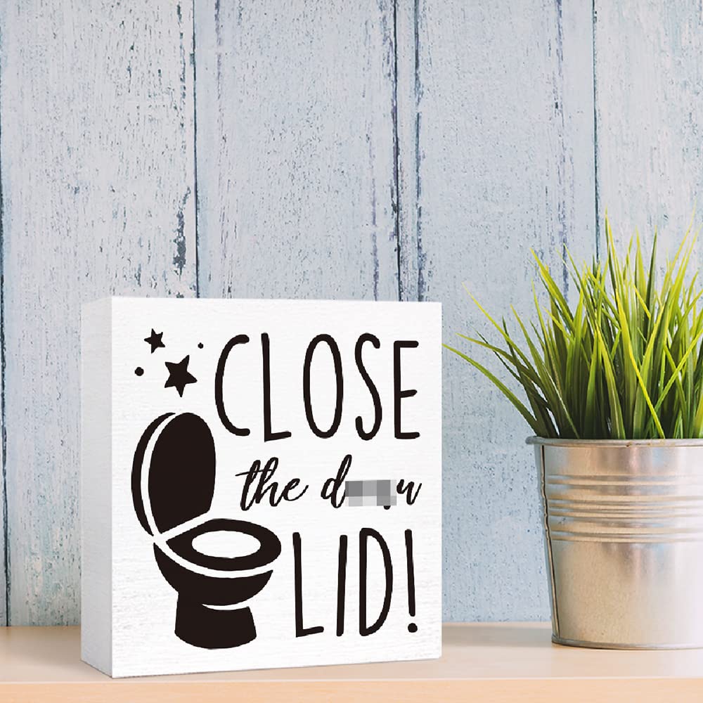 Funny Bathroom Wood Sign Close the Damn Lid Wood Block Sign for Bathroom Shelf Toilet Restroom Home Tabletop Desk Decor,Farmhouse Bathroom Wooden Box Sign SJNH