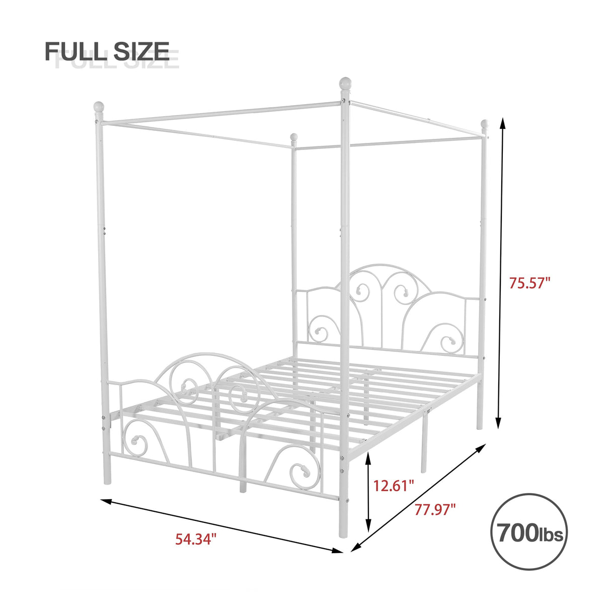 AUFANK Full Size Four-Poster Metal Canopy Bed Frame with Headboard and Footboard Sturdy Slatted Structure No Box Spring Needed White AUFANK