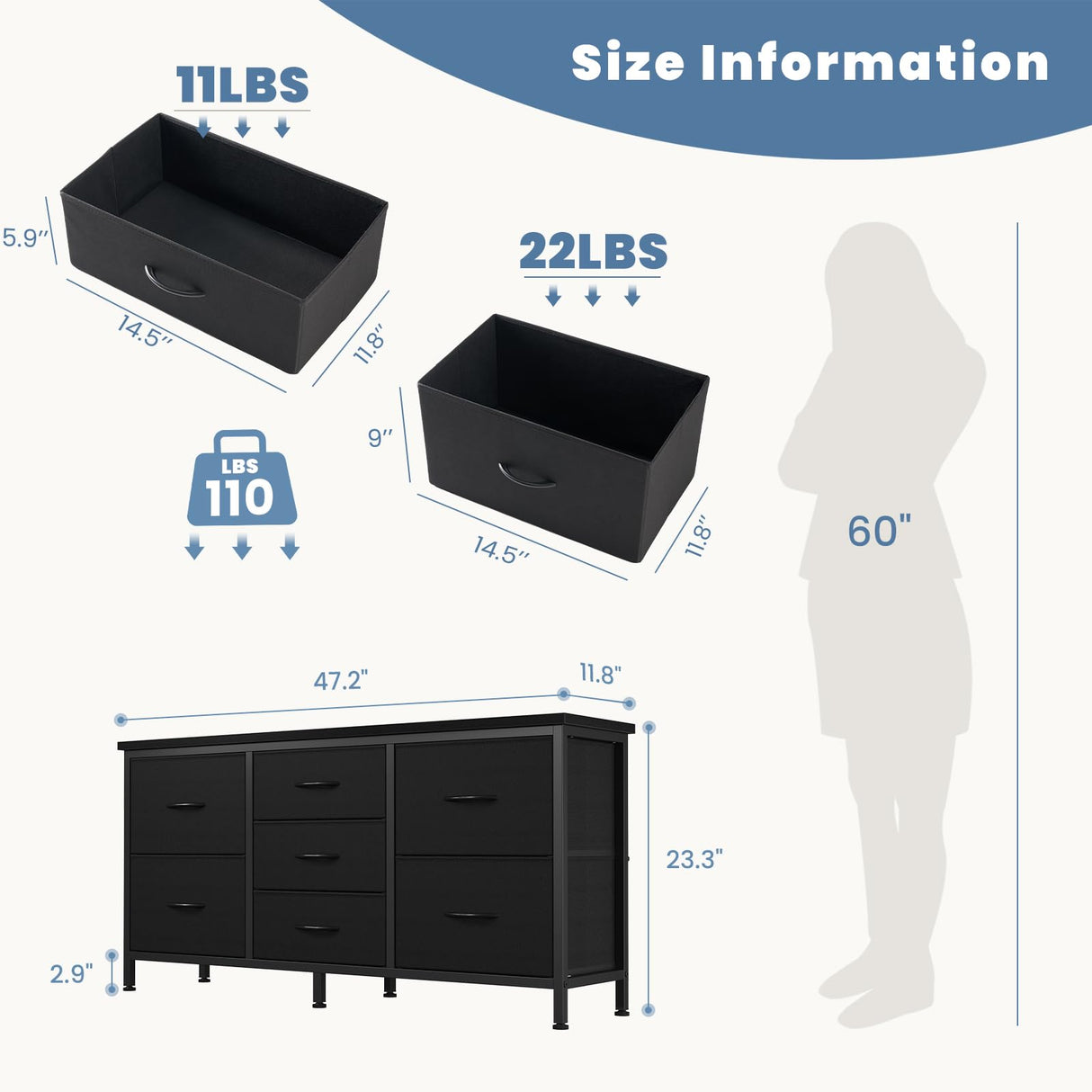 DUMOS TV Stand 7 Drawer Dresser for Bedroom with Storage TV Stands for Living Room Black, Farmhouse Entertainment Center Media Console Table with Metal Frame Adjustable Feet DUMOS
