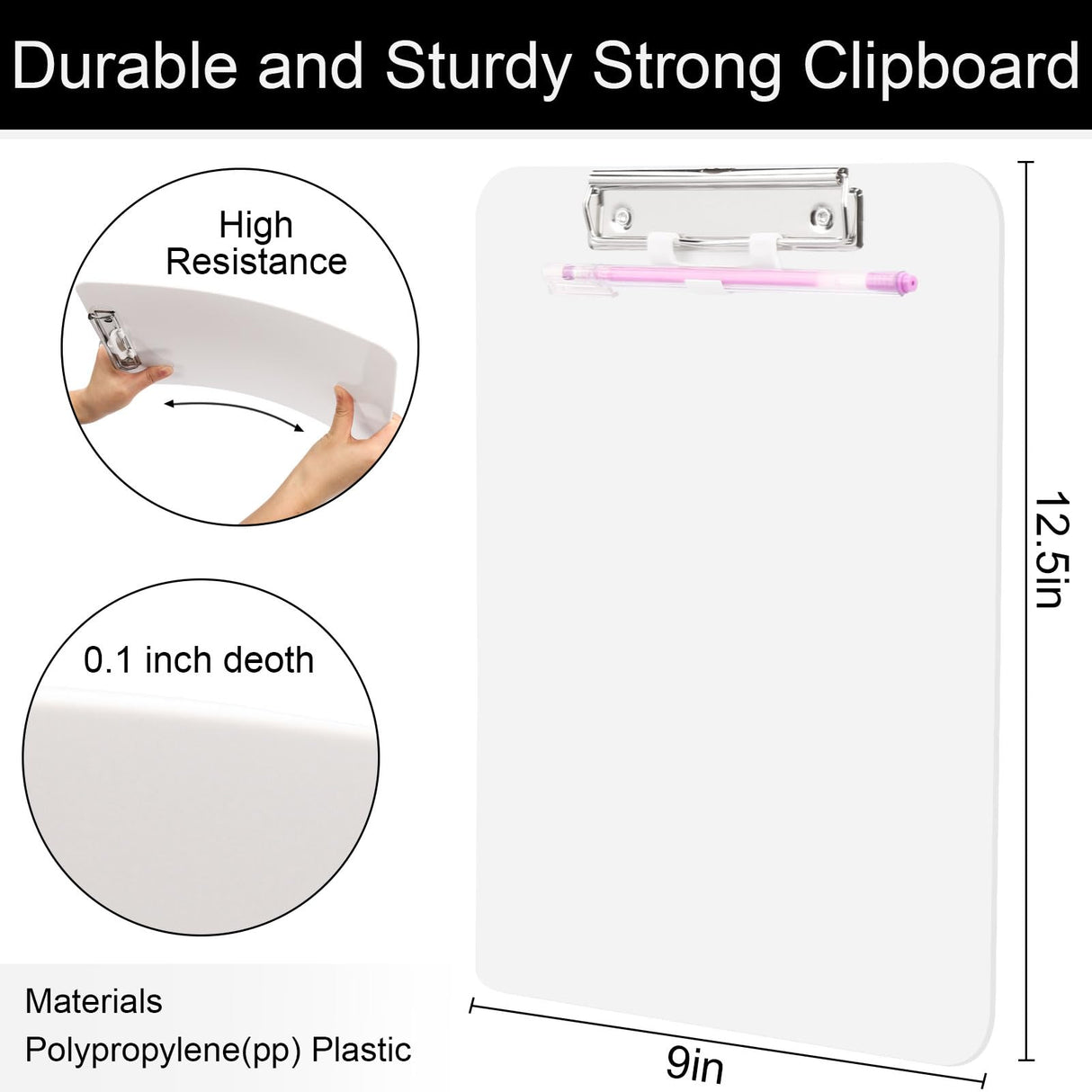 1 PCS A4 Clipboards,Plastic Clipboard with Pen Holder,Clip Boards 8.5x11 with Low Profile Clip,Cute Hanging Clipboard for School Office Supplies Clipboards for Kids,Portable Clip Board for Nurse-White SFLHHDM